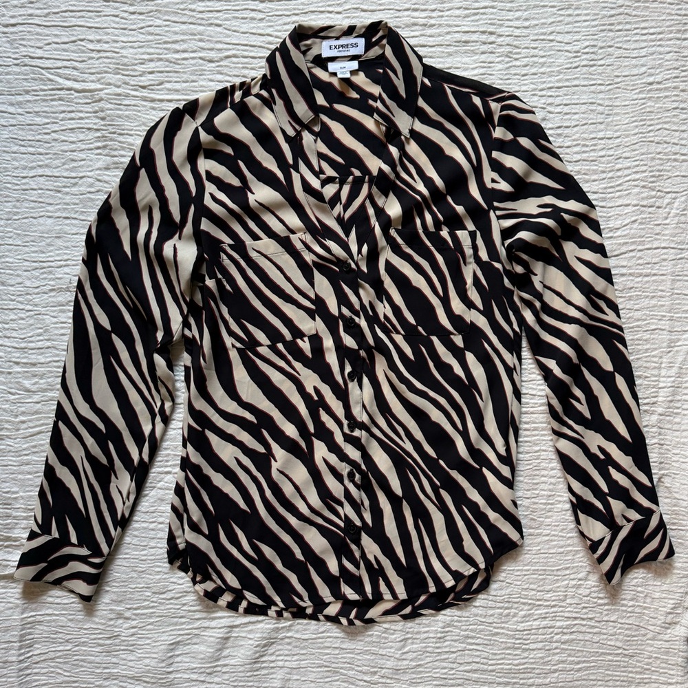 Express Zebra Print Button Down Shirt - Black and Cream